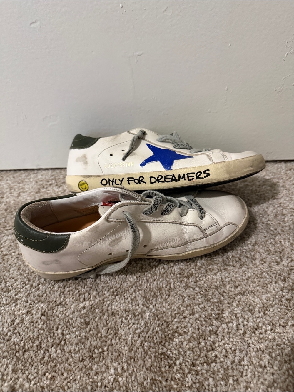 Golden Goose White Sneakers with Blue Star & Green Heel